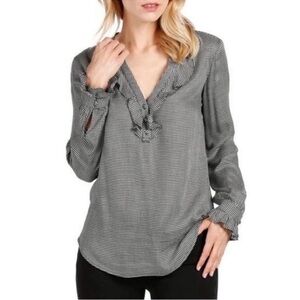 PAIGE Black & White Houndstooth Amalfi Ruffle V-Neck Blouse
